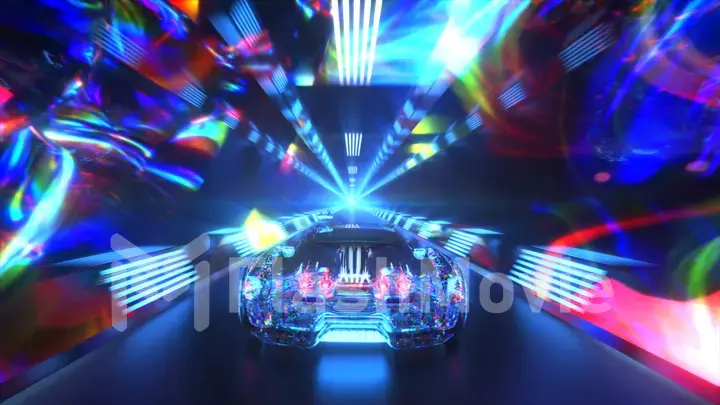 The diamond car is driving through the tunnel at high speed. Blue neon light. 3d Illustration
