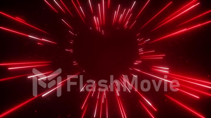 Flying in a red futuristic neon heart-shaped tunnel. Abstract corridor with fast moving light lines. Seamless looped 3D animation.