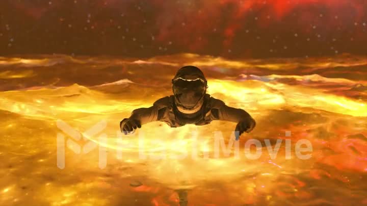 Diamond astronaut in ocean against the background of the starry sky. Golden neon color. Waves. Australis. 3d animation