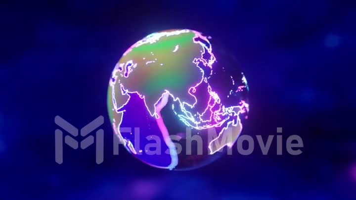 Abstract concept. Crystal ball shaped planet Earth rotating on blue background. Neon light. Reflection. Seamless loop