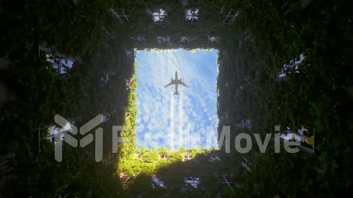 Flying airplane at sunset over a building with vegetation. Business and tourism concept. 3d illustration