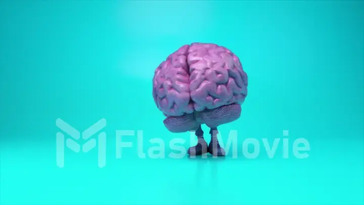 Dancing brain on a colorful turquoise background. Artificial intelligence concept. 3d animation of a seamless loop