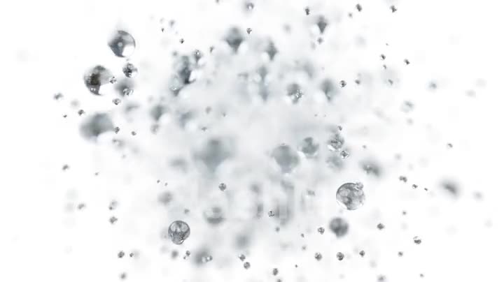 Explosion of water droplets into the camera in slow motion on an isolated white background.