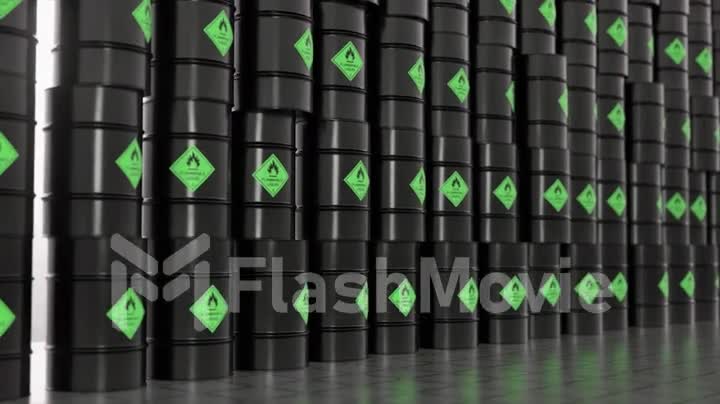 Rows of black metal barrels with biological waste. Warehouse of toxic materials. 3d animation of seamless loop
