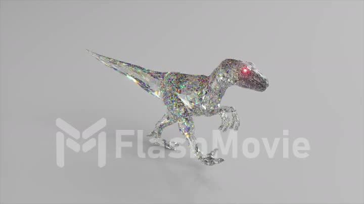 Walking diamond velociraptor. The concept of nature and animals. Low poly. White color. 3d animation of seamless loop