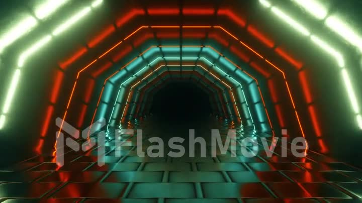 Flying in a bright neon geometric tunnel. Future technology. Modern color spectrum. Room interior with glowing neon fluorescent lamps. Futuristic architecture background. Seamlees loop 3d render