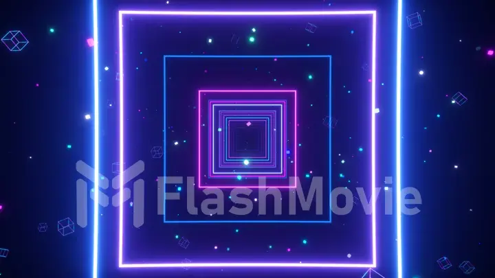 An endless tunnel of luminous multicolored neon squares for music videos, night clubs, LED screens, projection show. Modern ultraviolet blue purple light spectrum. 3d illustration