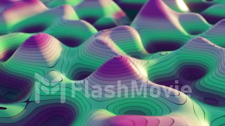 Abstract background of topographic map concept. Contour map stripes. Valleys and mountains. Geography concept. Wavy backdrop. Magic neon light curved swirl line. 3d animation of seamless loop