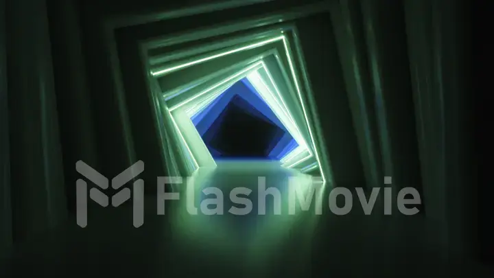 Abstract neon square tunnel technological. Endless swirling animated background. Modern neon light. Bright neon lines sparkle and move forward. 3d illustration