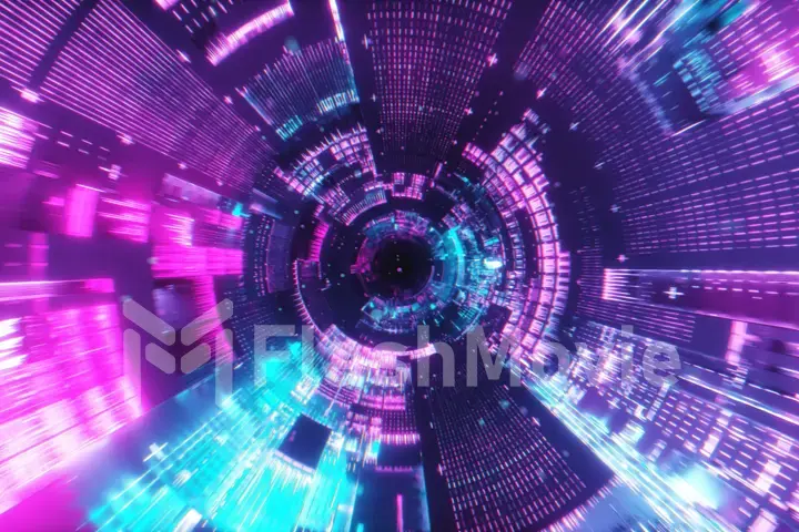 Flying into spaceship tunnel, sci-fi spaceship corridor. Futuristic technology abstract seamless VJ modern ultraviolet neon spectrum. Motion graphic for internet, speed. 3d illustration