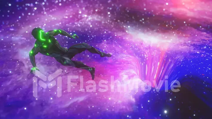 Abstract composition with black hole concept. An alien character is drawn into a black hole with a moving cosmic texture. 3d illustration