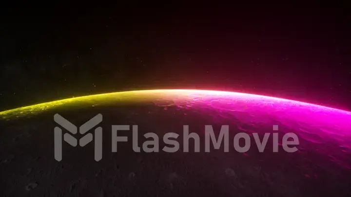 Fantastic neon sunrise on the moon from space. The rotation of the moon. Modern ultraviolet lighting. Yellow purple light spectrum. Stars and space. 3d illustration