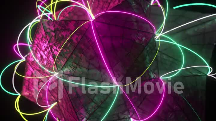 Abstract volumetric polygon with connecting neon lines at the corners. Technological concept. 3d animation of seamless loop