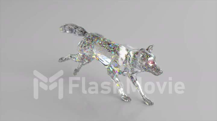 Running diamond wolf. The concept of nature and animals. Low poly. White color. 3d animation of seamless loop