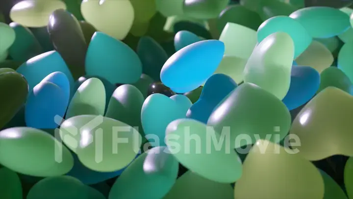 Love concept. Lots of green blue stones in the shape of a heart. The neon heart pushes the rest. 3d illustration