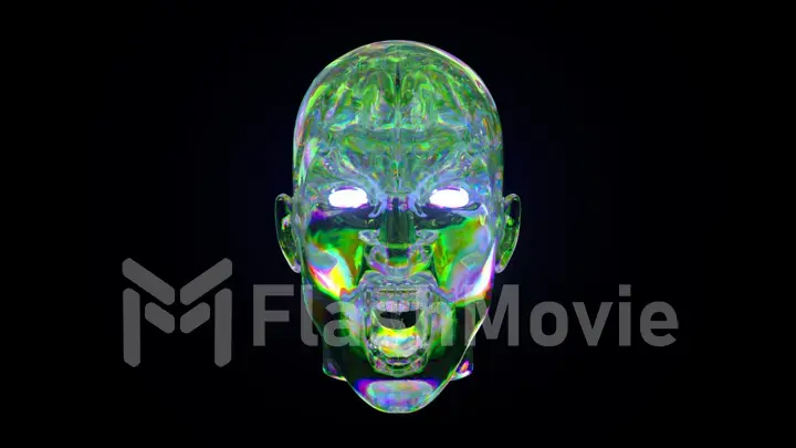 Visualization of artificial intelligence. Diamond brain inside a transparent screaming head. Rainbow green.