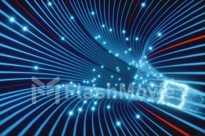 Abstract 3d illustration background of moving of lines for fiber optic network creating technology tunnel. Magic flickering neon dots or glowing flying lines.