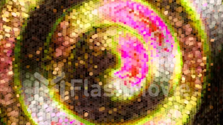 Abstract swirl of neon pixels moves counterclockwise. Pink yellow color. 3d Illustration