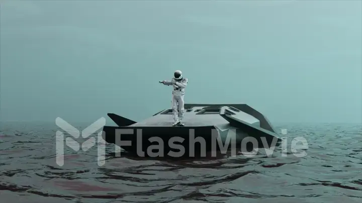 Space concept. An astronaut dances on the stern of a modern boat in the middle of the ocean space. Space suit.