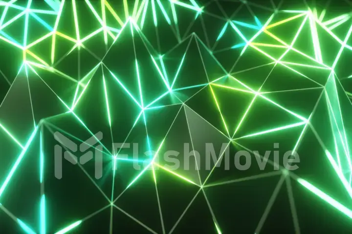 Abstract low polygonal black surface glowing at the edges. 3d illustration technology motion background. Segments of a triangle. Ultraviolet neon wireframe lines in blue violet color spectrum.