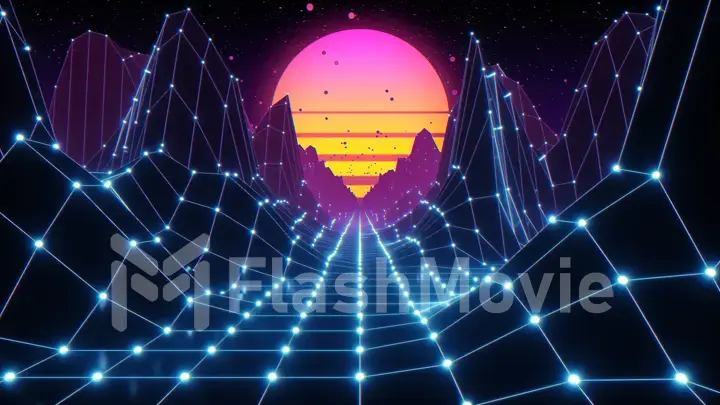 Retro futuristic flight in space with a polygonal mesh on the generated hills and floor. Concept 80s 90s. Fantastic abstract neon background. 3d illustration