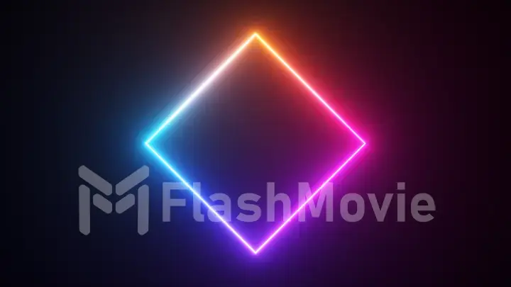 Abstract concept. Neon rhombus on a black background. Blue purple neon color. Advertising. 3d illustration