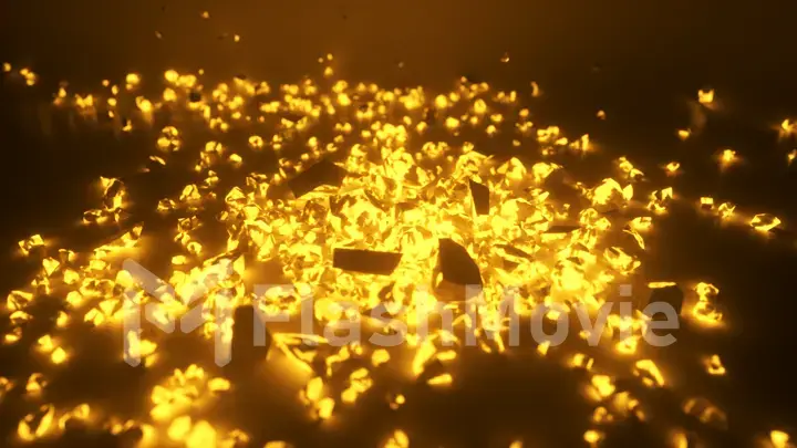 A cube of bright glowing stone shatters into thousands of small pieces in slow motion. Destruction concept 3d illustration