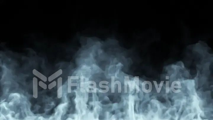White steam spins and rises from below. White line smoke rises from a large pot, which is located behind the frame. Isolated 3d illustration black background.
