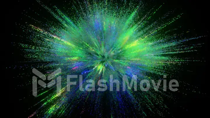 An explosion of colors on a dark background. Blue green color. Multicolored particles. 3d illustration
