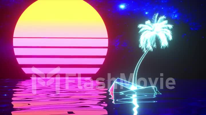 Neon palm tree on a retro background. Water surface. Blue pink color. 3d animation of seamless loop