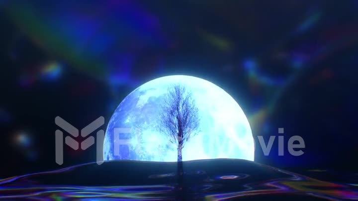 The diamond tree blossoms against the backdrop of the moon. Blue neon color. 3d animation