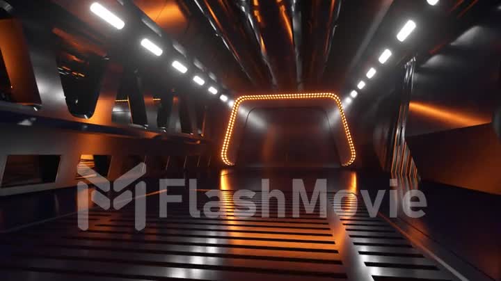 Sci-fi tunnel in outer space with neon light. Planet Mars outside the window of the spaceship. Space technology concept. 3d animation of a seamless loop