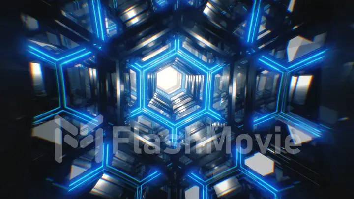 Infinite 3d illustration flight in a bright futuristic corridor made of metal
