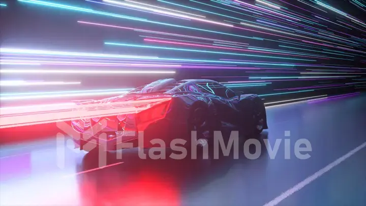 Futuristic concept. Sports car on the background of glowing neon lines. Red neon laser. 3d Illustration