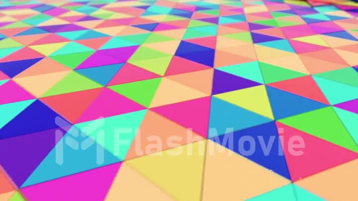 Abstract motion animation of bright multi-colored three-dimensional triangles. Seamless loop 3d render