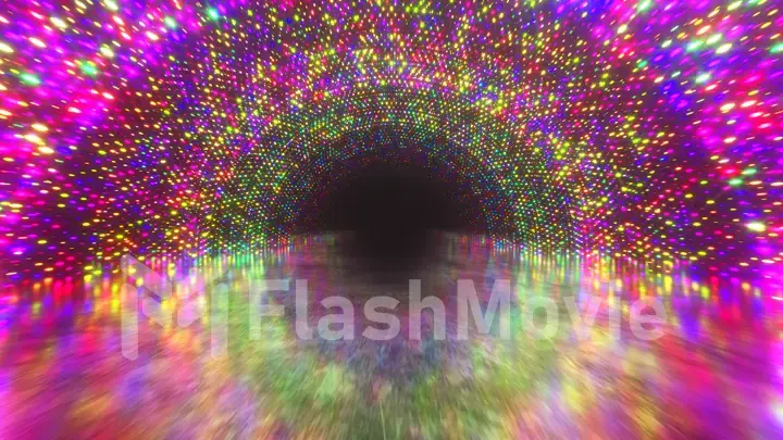 Bright light tunnel of luminous multi-colored dots and a reflective metal scratched texture floor. Light tunnel stage for your video backgrounds, concert visual performance. 3d illustration