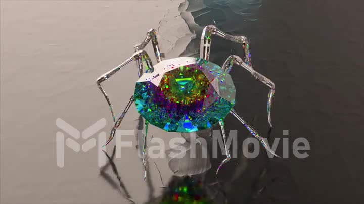 A crystal spider with a big blue diamond on its back strides across a dark gray uneven surface. 3d animation