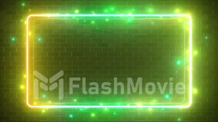 Rectangular neon sparkling luminous form on the background of a brick reflective surface. Modern ultraviolet fluorescent light spectrum. 3d illustration