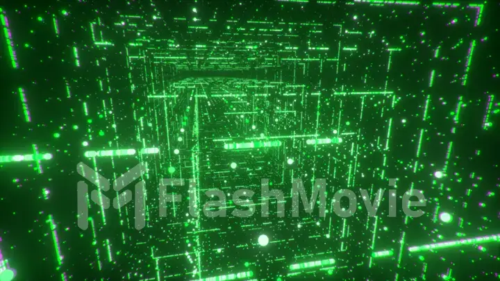 Digital technology tunnel. 3D illustration Big Data Digital square corridor with futuristic matrix. Binary code particle network. Motion and communication technology background. Flashing particles.