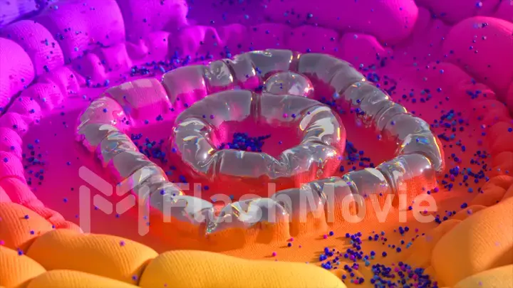 The inflatable Instagram logo emerges from a smooth pink purple orange surface. Top view. Transformation. Social media.