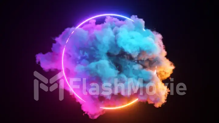 Sci-fi retro laser neon abstract technology background. A multi-colored cloud rotates around a neon circle.