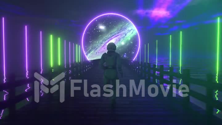 Astranaut runs along the endless wooden bridge across the ocean to his dream. Space circle with neon lighting ahead. 3D animation of seamless loop