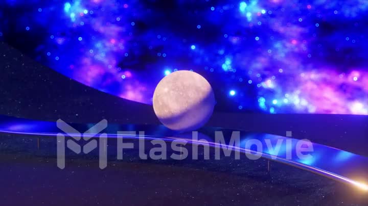 The ball of Moon smoothly rolls along the wavy chrome surface on a fantastic space, neon blue purple color. 3d Seamless loop animation