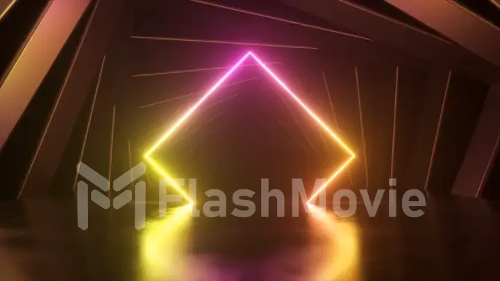 Futuristic background. The entrance to the tunnel is in the form of a neon pink yellow rhombus. Square frames rotate