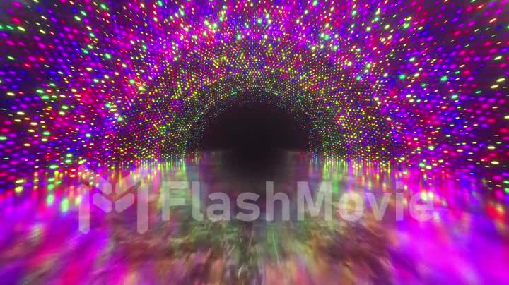 Bright light tunnel of luminous multi-colored dots and a reflective metal scratched texture floor. Light tunnel stage for your video backgrounds, concert visual performance. Seamless loop 3d render