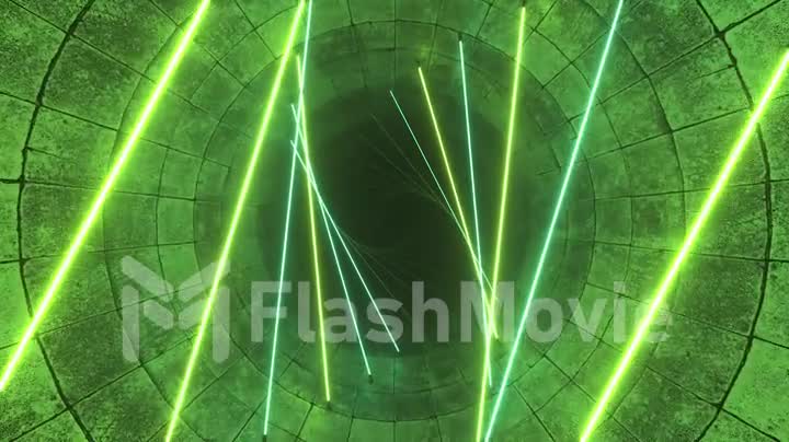 Flying in a concrete tunnel with neon lighting. Halogen lamps. Abstract background. Modern green light spectrum. 3d animation