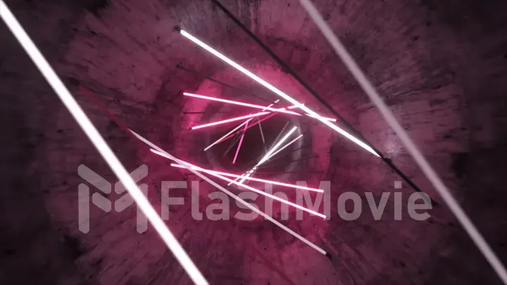 Flying in a concrete tunnel with neon lighting. Halogen lamps. Abstract background. Modern pink white light spectrum. 3d illustration