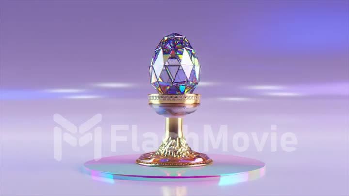 The diamond egg is raised and lowered on a rotating stand. Easter. Pink blue color. 3d animation of seamless loop