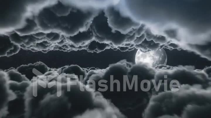 Beautiful fantastic flight among cumulus-lush clouds in the night moonlight. A large full moon shines brightly on a deep starry night through the clouds. Cinematic scene. Seamless loop 3d render