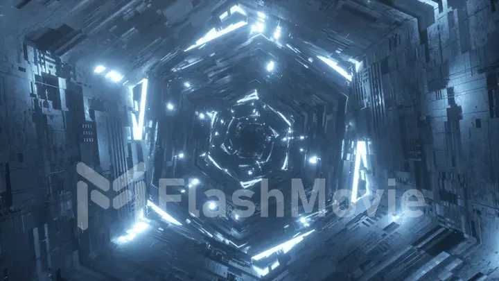 Endless flight in a futuristic technological digital neon tunnel in space. Cold lighting. 3d illustration